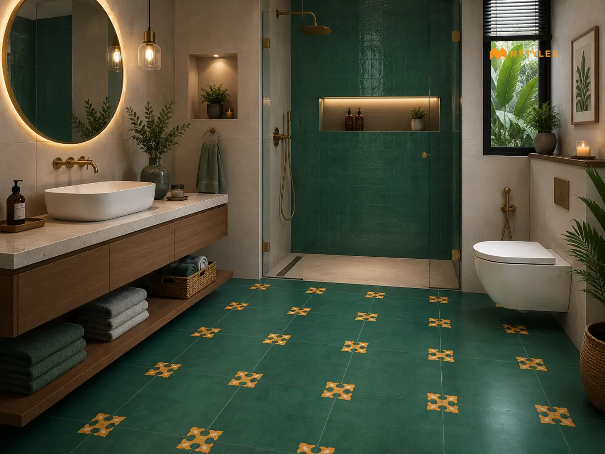 Ceramic Green Athangudi Floor in Bathroom